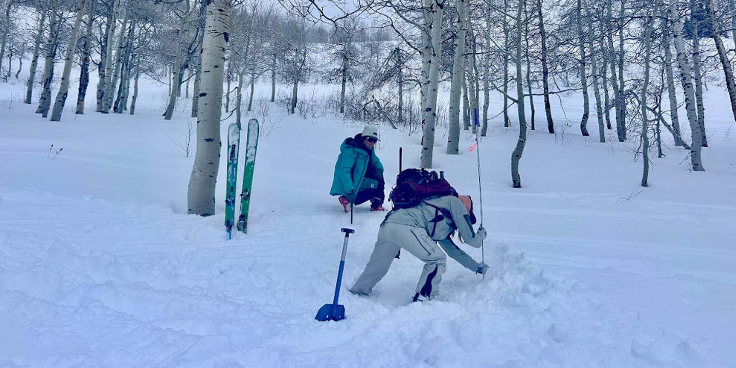 two people digging a snow pit to test for avalanches