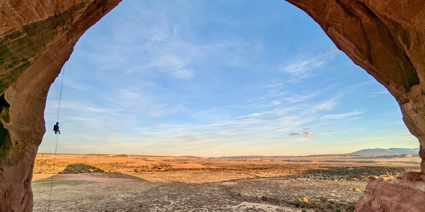 The view from the middle of looking glass arch in moab