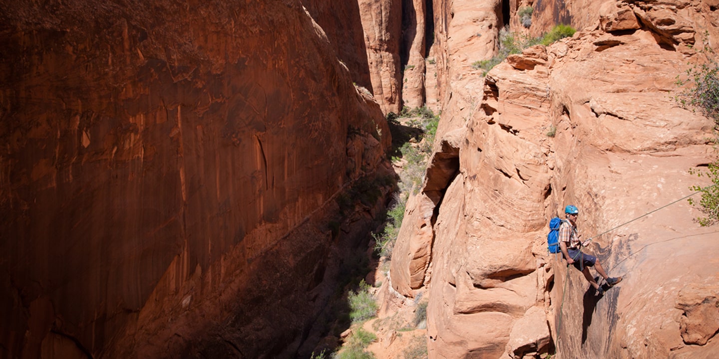 A narrow red rock canyone popular for canyoneering