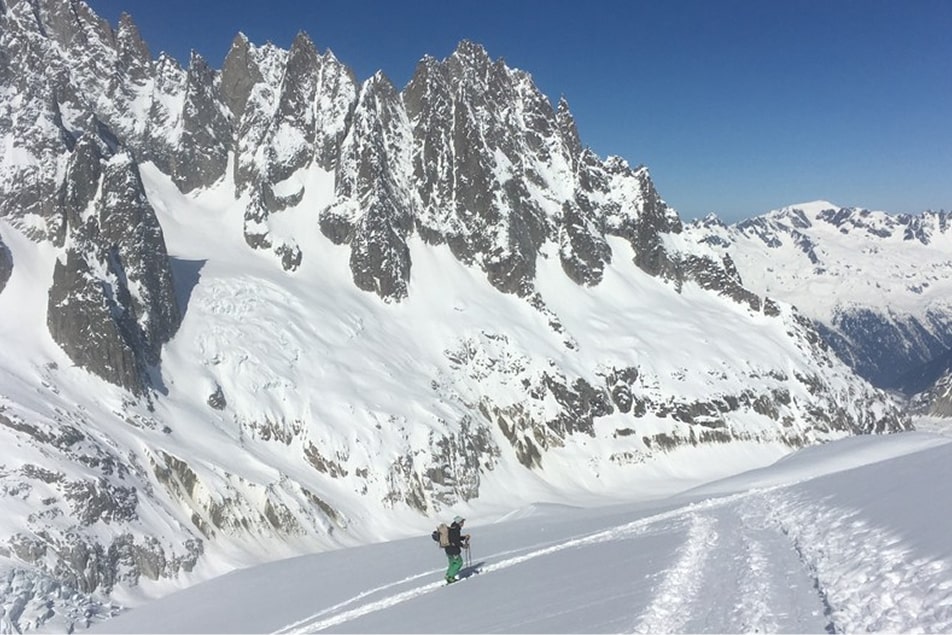 A person skis the iconic Urner Haute Route in Switzerland
