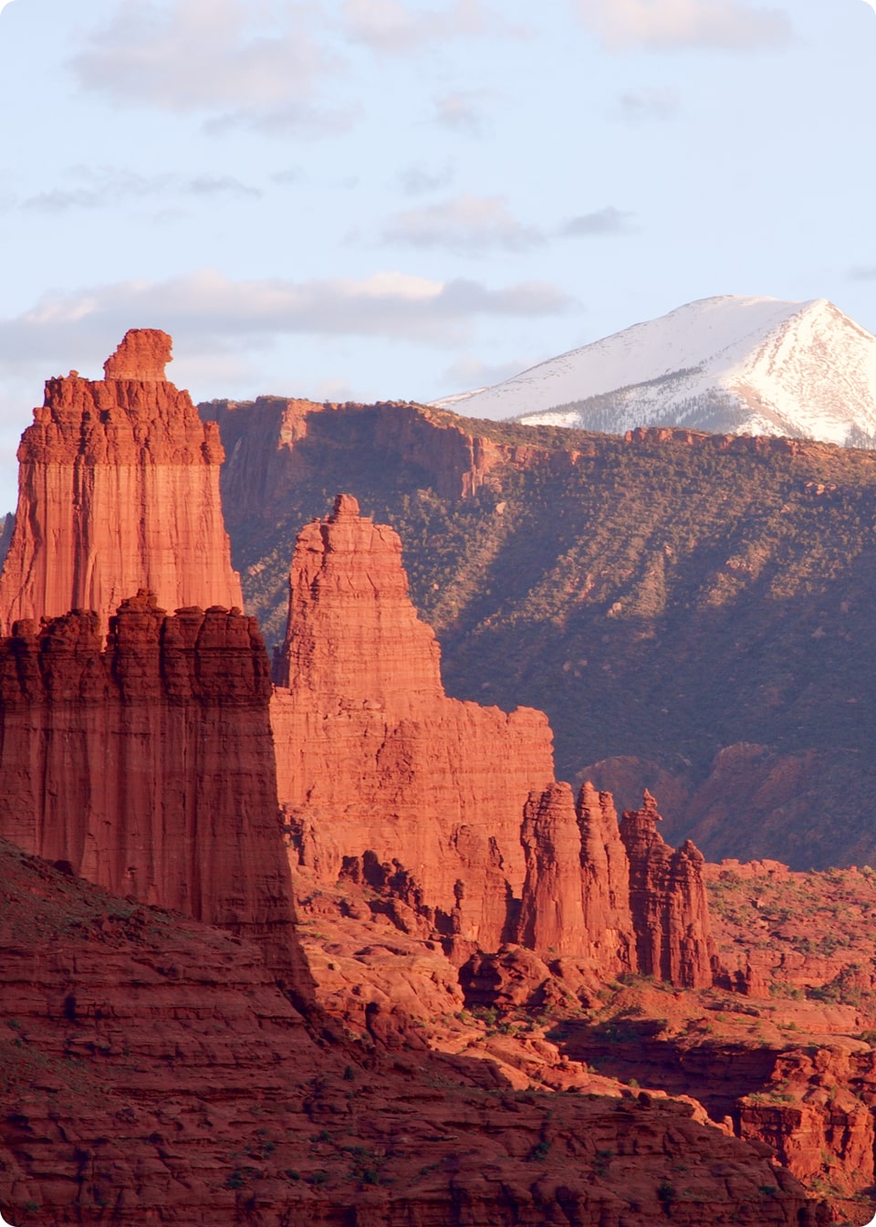 red rock landscape with snowy mountains in the backcountry in Moab