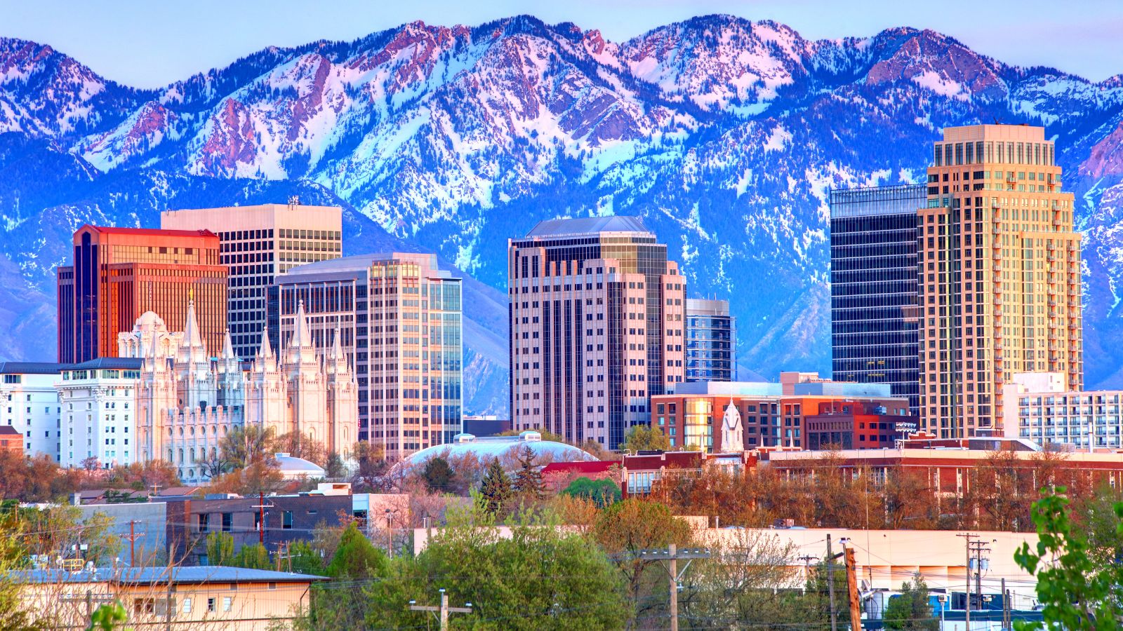 Downtown Salt Lake City in the winter with snow covered mountains