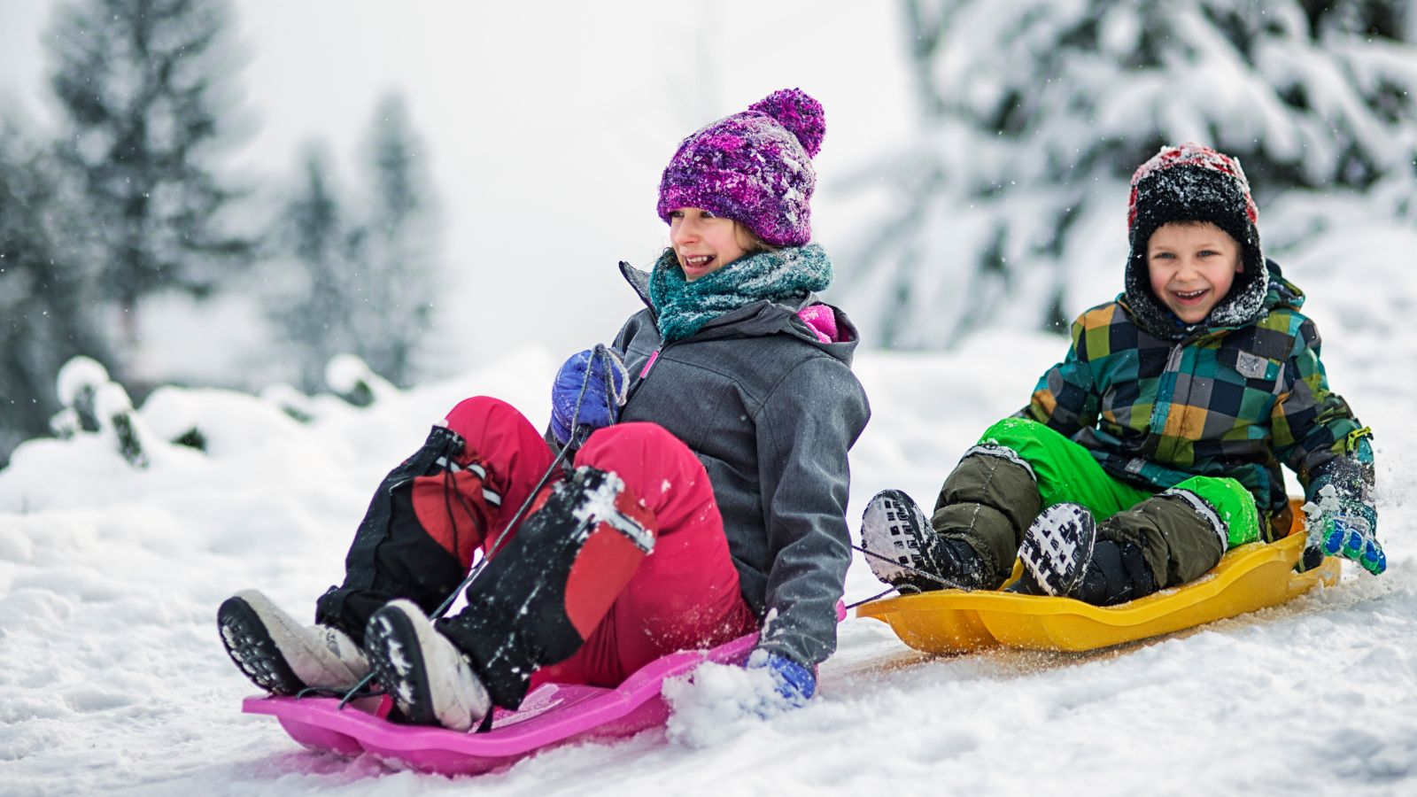 two children sled down a hill in snow on colorful sleds