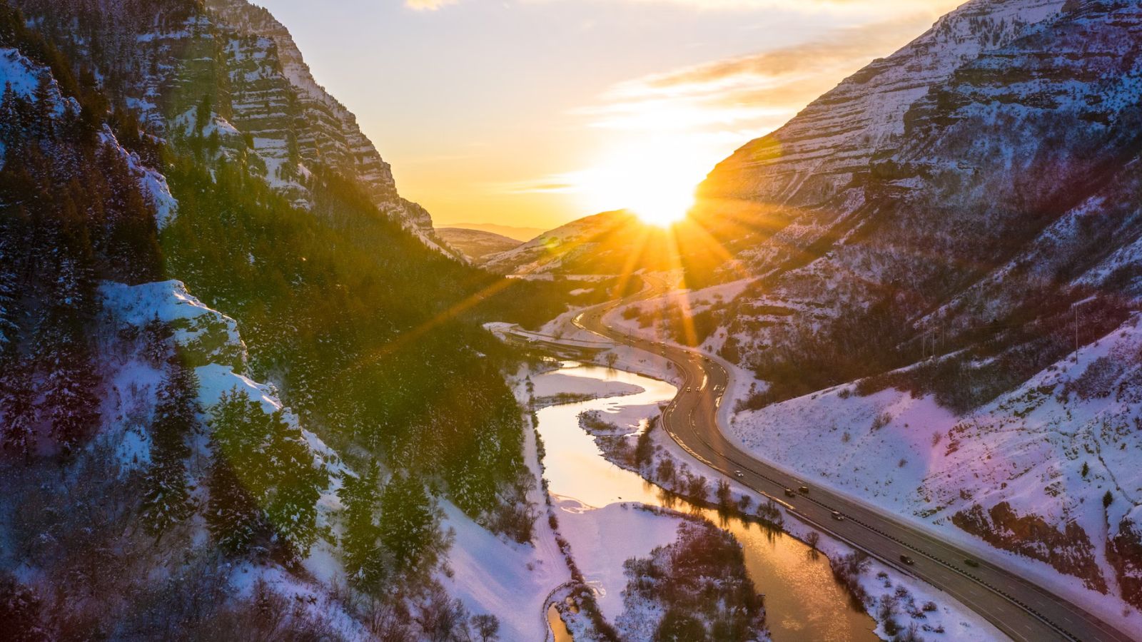 Provo canyon with the river and road at sunset