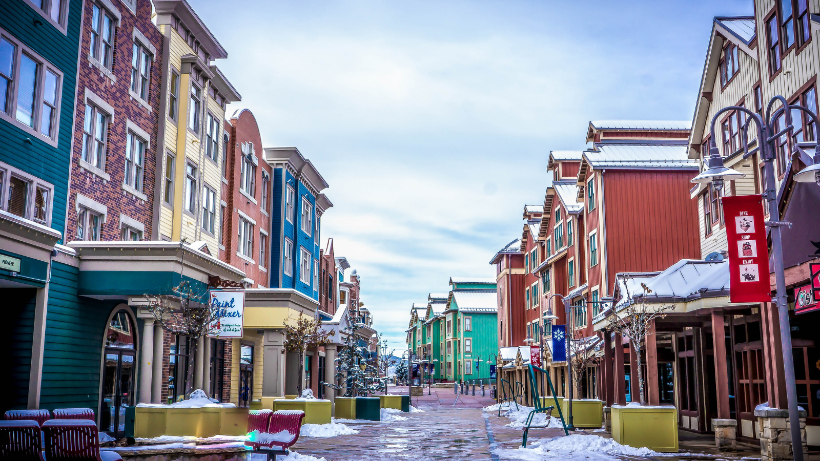 Colorful building of Park City, Utah in the winter